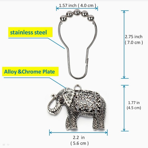 NEW IN BOX! 🛁🐘🚿 12 ANTIQUE SILVER ELEPHANT RUST PROOF SHOWER RINGS & HOOKS SET - Picture 10 of 16